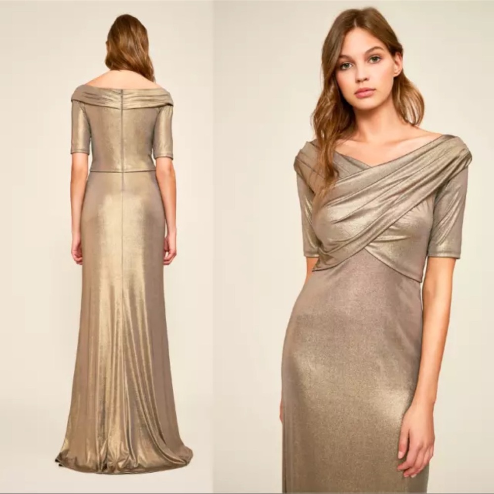 NWT Tadashi Shoji Metallic Gold Aline Gown Short Sleeve Party Long Dress Maxi